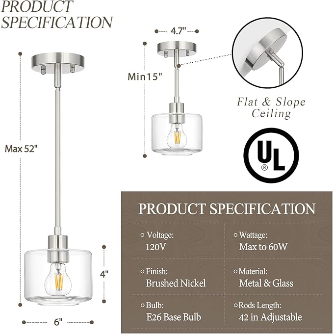 Brushed Nickel Pendant Lights Kitchen Island, 1-Light Modern Clear Glass Hanging Light Fixtures with Rods, Mini Kitchen Pendant Lighting Over Island for Sink Bathroom, OS-YQ8153-1PBNC