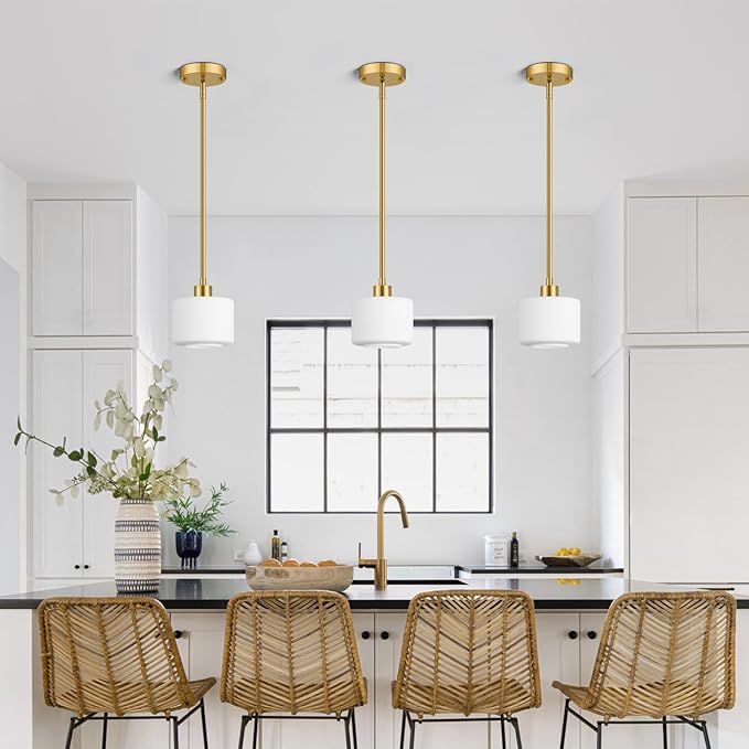 Milk Glass Pendant Lights Kitchen Island, 1-Light Modern Brushed Gold Hanging Light Fixtures with Rods, Mini Kitchen Pendant Lighting Over Island for Sink Bathroom, OS-YQ8153-1PBG
