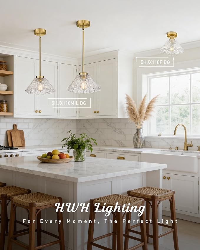 Modern Pendant Light Fixtures, HWH Pendant Lights for Island Dining Room Hallway, Bedroom, Gold Hanging Lighting with Clear Floral Glass, Brushed Gold Finish, 5HJX110MIL BG