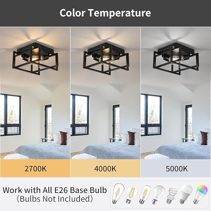 WILON Black Ceiling Light Fixture, Modern Square Semi Flush Chandelier Ceiling Lamp for Kitchen Dining Room Bedroom Laundry Room Living Room (2 Lights)