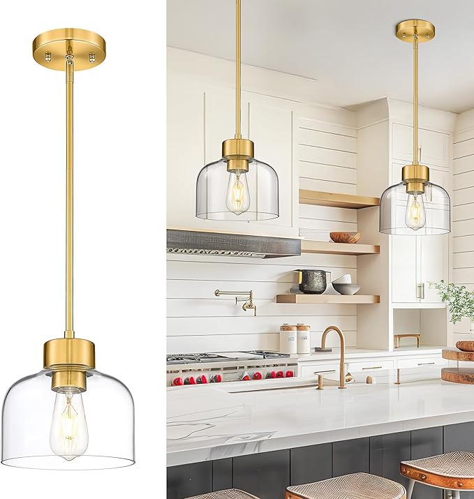 Gold Pendant Lights Kitchen Island, 8" Hanging Light Fixtures with Clear Glass Shade, Modern Brass Kitchen Pendant Lighting Over Island for Dining Room, AD-24024-1PL-GD