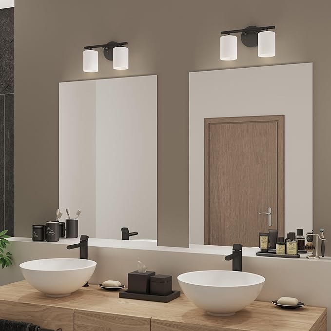 Progress Lighting 2-Light Bathroom Vanity Light, Modern Bath Lighting Fixture with Etched White Glass Shades for Over the Mirror, Reversible Mounting, Replay Collection, Textured Black