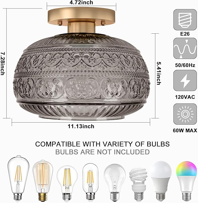 Semi Flush Mount Ceiling Light Fixture, 11" Vintage Gold Hallway Lights Fixture Ceiling with Grey Glass for Kitchen, Hallway, Bathroom and Entry Way,Compatible with E26 Light Bulb