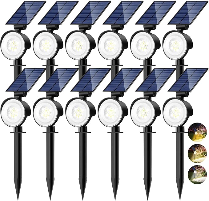 nipify 12 Pack Solar Lights Outdoor Waterproof, 3 CCT Solar Spot Lights with 2 Brightness Landscape Spotlights for Outside Garden Yard Trees