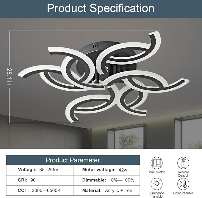 28.1 Inch Modern LED Ceiling Light with Remote, 3 Color Dimmable 56W, CRI90+ 3000-6500K Acrylic Ceiling Light Fixture for Living Room/Bedroom/Dinning Room
