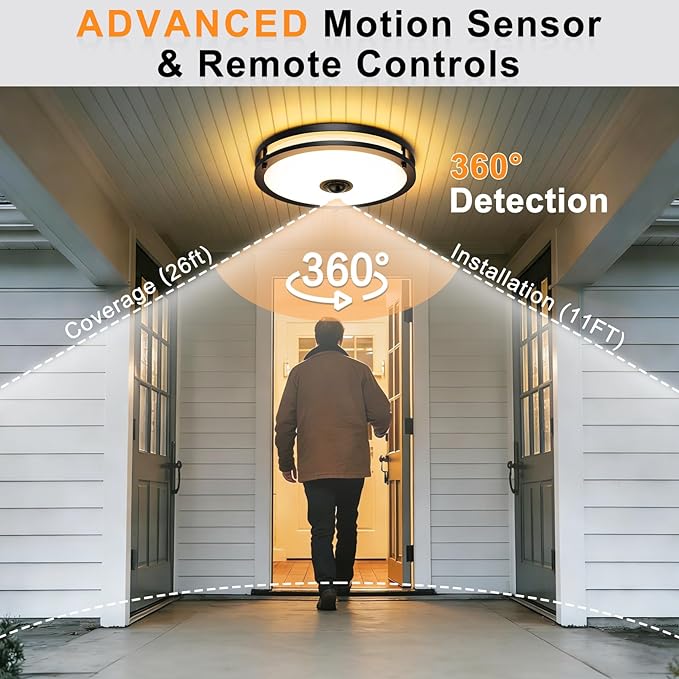 2 Pack Motion Sensor Outdoor Ceiling Light with Remote, 24W Dimmable 2700K/3000K/3500K/4000K/5000K Flush Mount Porch Light, 12" Dusk to Dawn Exterior Lighting Fixtures for Porch, Entryway