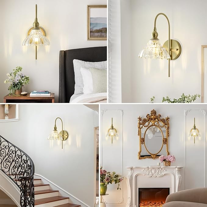Vintage Wall Sconces with Clear Flower Glass Lampshade, Indoor Bath-Room Wall Sconce, Modern Gold Industrial Lighting Fixture for Mirror Living Room Hallway 1 Pack