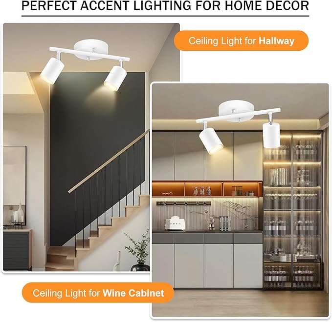 Track Lighting Fixture Ceiling White, Modern LED Track Lights Kit, 2 Lights Ceiling Lighting for Kitchen, Rotatable Spotlight Heads, Wall Mount Spot Lighting for Island/Bedroom(GU10 Socket, NO Bulb)