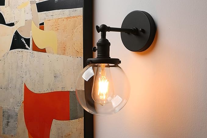 Phansthy Black Bathroom Light Fixture Single Industrial Wall Sconce with 5.9 Inches Globe Lampshade