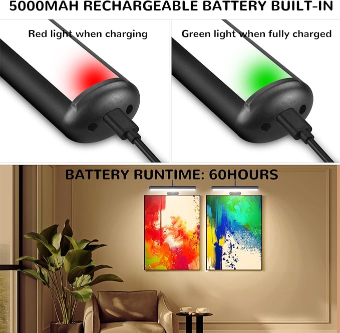 2Pack-Dimmable Picture Lights with Timer Controller for Wall Sconce Lamps ,Art Painting Light for Home Office Gallery, 5000mAh Rechargeable Battery Operated Wall Light for Display Portrait Frame-Black