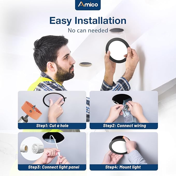 Amico 12 Pack Black 6 Inch 5CCT Ultra-Thin LED Recessed Ceiling Light with J-Box, 2700K-5000K Selectable, 12W=110W, Dimmable Canless Downlight, 1050LM High Brightness