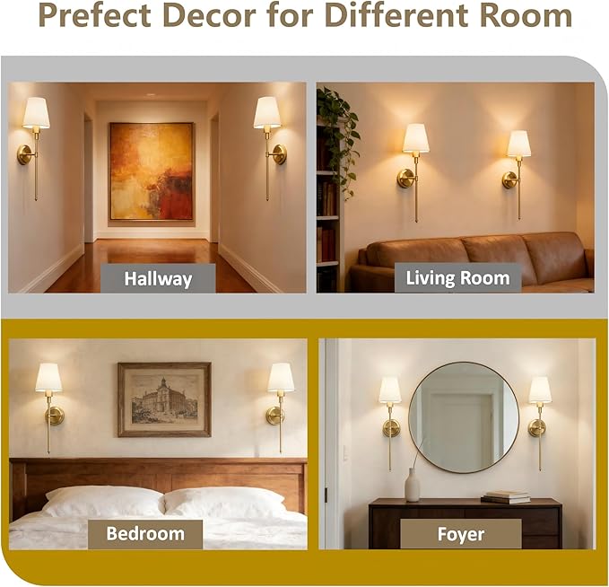 DORESshop Battery Operated Wall Sconce Set of 2, Wireless Wall Light Easy to Install, 15 Color Rechargeable Wall Sconces, Sconce Wall Decor Set of 2 for Bedroom, Living Room, Gold, 24.6in