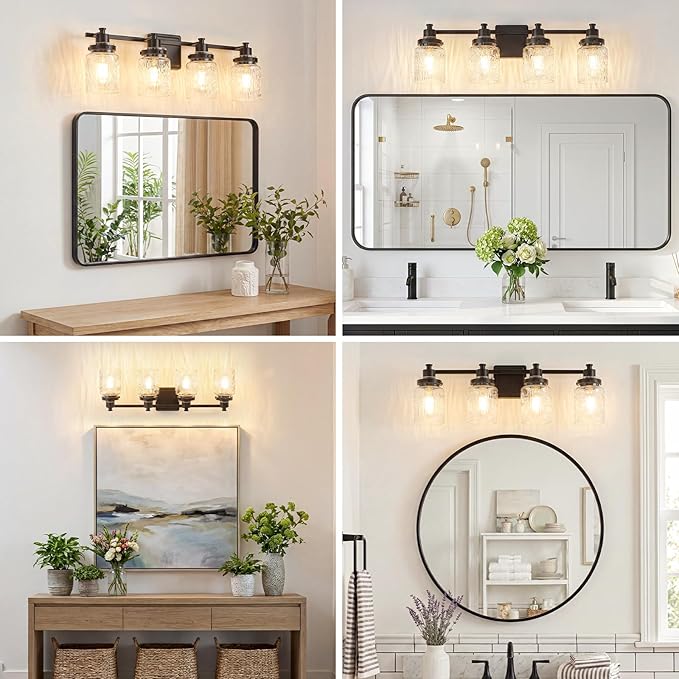 4 Lights Bathroom Light Fixtures Farmhouse Black Vanity Lights for Bathroom Lighting Fixtures Over Mirror with Hammered Glass Lampshade for Cabinet Mirror Bedroom Hallway