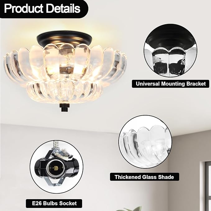 Vintage Ceiling Light, Black Semi Flush Mount Lighting with Scalloped Clear Glass Shade, Hallway Light Fixtures Ceiling Mount, Modern Farmhouse Chandelier for Kitchen Bathroom, 3 Lights