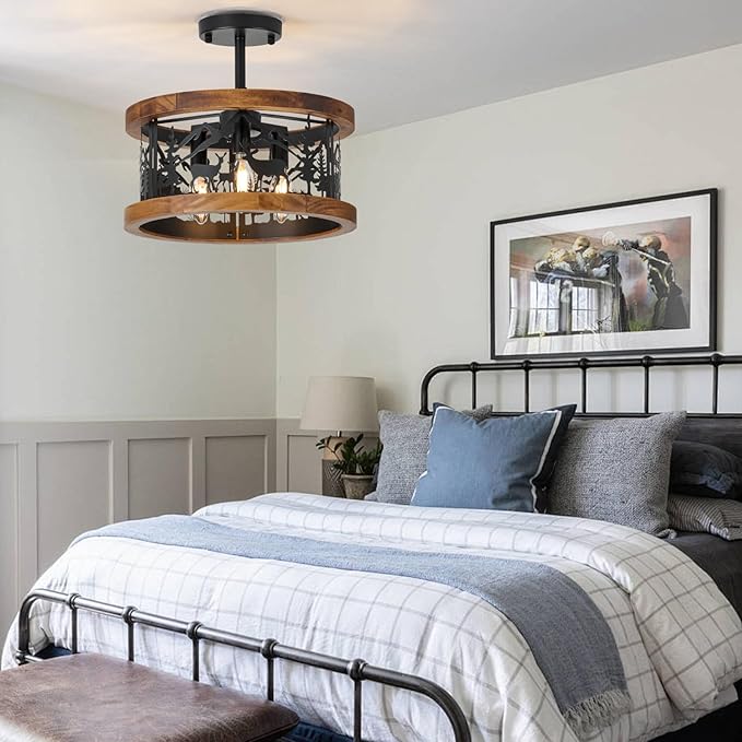 Farmhouse Rustic Ceiling Light Fixtures - Deer Bear Design, 3-Light Round E12 Base Black Metal Brown Wood Fixture Ideal for Kitchen, Living Room,Foyer, Bedroom, Hallway, and Rustic Style
