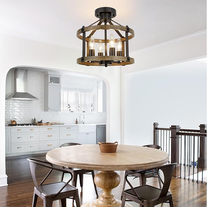 Farmhouse Semi Flush Mount Ceiling Light Fixture, 12.5 Inch 4-Light Rustic Ceiling Mount Light Fixtures, Round Brown Wood Finish Flush Mount Lights for Kitchen Bedroom Hallway Laundry Room