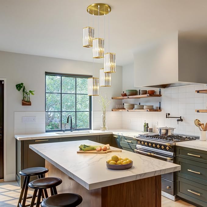 Modern Pendant Light Gold Rectangle Pendant Lighting Mini Crystal Chandeliers Adjustable Pendant Light Fixture for Kitchen Island Dinning Room Living Room Corridor Bedroom(Gold 5-Light)