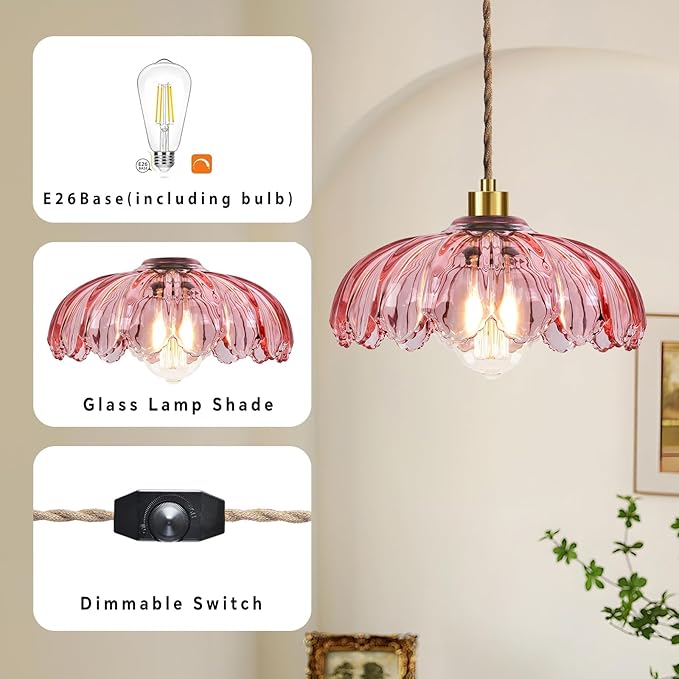 QIYIZM Pink Plug in Pendant Light Hanging Lights with Plug in Cord Boho Hanging Lamp Glass Gold Mid Century Modern Vintage Dimmable Flower Plug in Chandelier Ceiling Fixture for Living Room,Kitchen