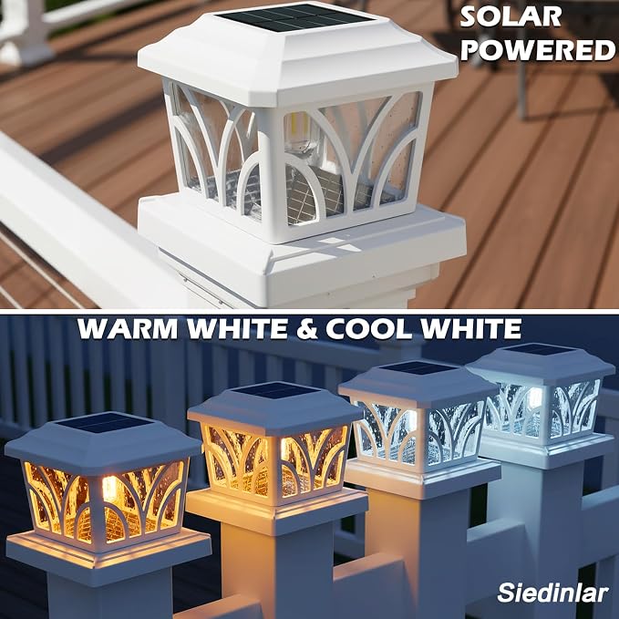 SIEDiNLAR Solar Post Cap Lights Outdoor, Aluminum Glass 2 Modes Fence Post Caps for 4x4 5x5 6x6 Vinyl Wooden Posts Patio Deck Fence Decor, Warm White & Cool White Lighting 2 Pack (White)