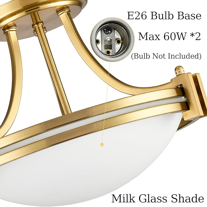 12-Inch Brass Semi Flush Mount Ceiling Light Milk Glass Light Fixture Mid Century 2-Light Gold Glass Ceiling Light for Hallway Bedroom Foyer