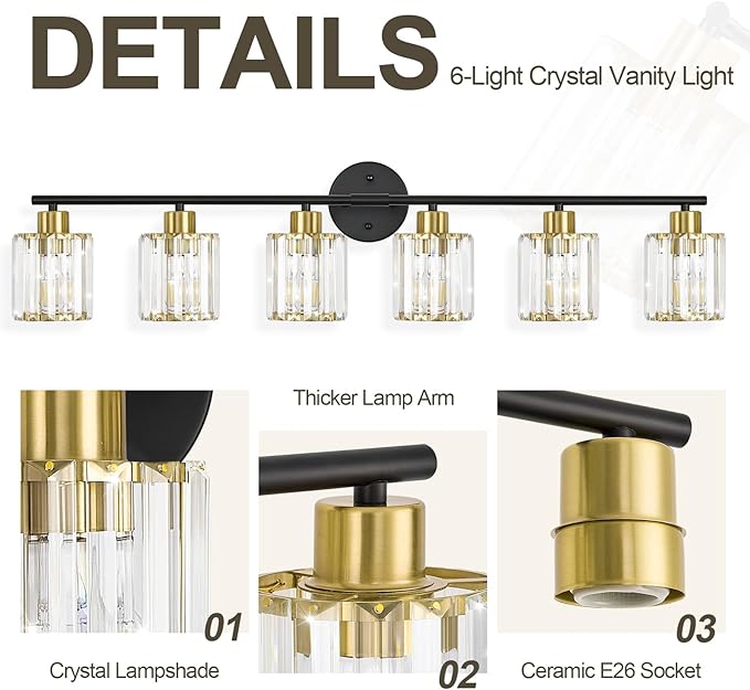 Crystal Bathroom Light Fixtures,Bathroom Lighting Fixtures Over Mirror, Modern 6-Light Brushed Nickel Vanity Lights for Mirror, Restroom,Kitchen(Ceramic E26 Socket,Bulbs Not Include)