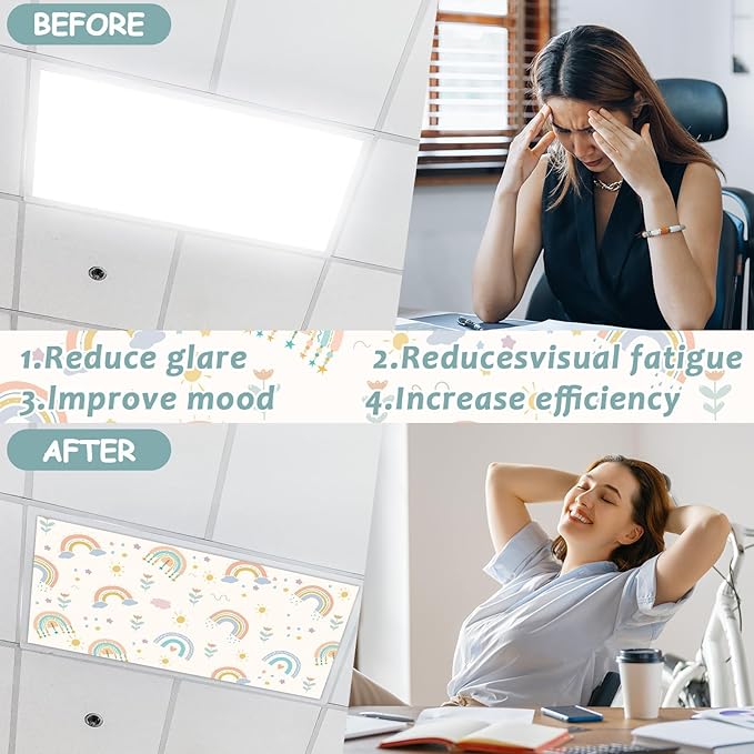 8 Pcs Fluorescent Light Covers with 80 Magnets Decorative for Classroom Ceiling Light 4x2 Feet Magnetic Light Covers Filter Easy Install for Office Hospitals & Home Drop Ceiling Supplies(Boho Rainbow)