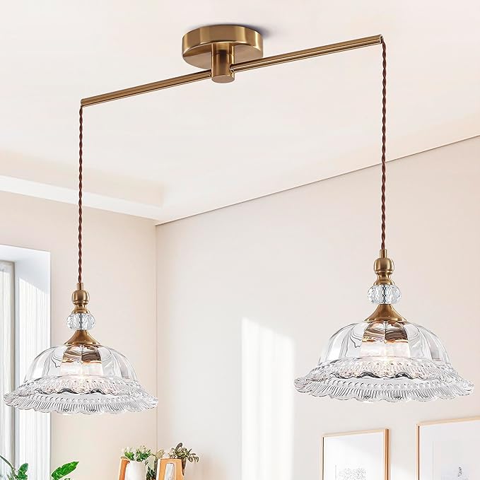 2-Light Vintage Pendant Light Fixtures for Kitchen Island Brass Gold 10.6" Glass Small Pendant Lights Adjustable Hanging Light for Hallway Porch Sink Table