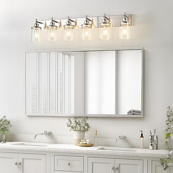 Lanhall 6-Light Brushed Nickel Bathroom Light Fixture Over Mirror Modern Bathroom Vanity Light Vintage Wall Lighting with Clear Glass Shade for Bathroom, Bedroom, Hallway, Cabinet