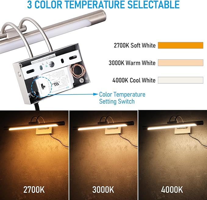 LEONLITE 3CCT Dimmable LED Picture Light, 2700K/3000K/4000K Selectable, CRI90 Swivel Full Metal Picture Frame Light for Wall Art, Painting, Artwork, Portrait, Plug-in & Hardwired, Satin Nickel