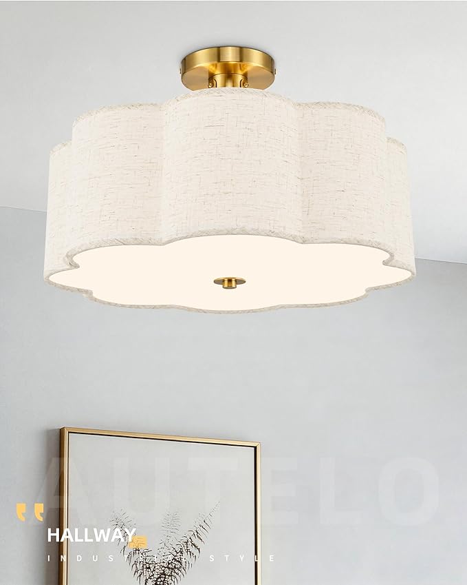 AUTELO 3-Light Bedroom Ceiling Light, 17.7 Inch Brushed Gold Semi Flush Mount Ceiling Light with Flower-Shaped White Fabric, Farmhouse Ceiling Light for Bedroom Hallway, C2507 BGL-8