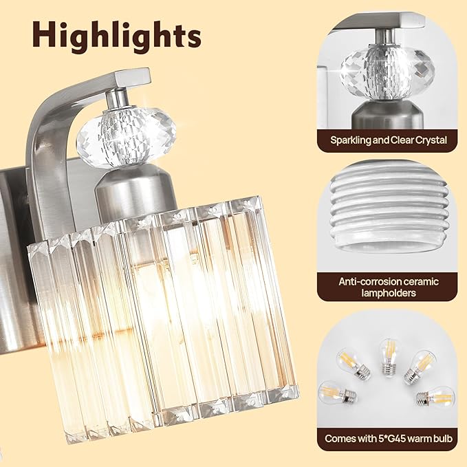 Modern Bathroom Vanity Light, 5-Light Nickel Bathroom Lighting Fixtures Over Mirror, 36.3" Crystal Wall Light Sconce for Bathroom/Bedroom/Vanity, Includes LED Bulbs, Easy Installation