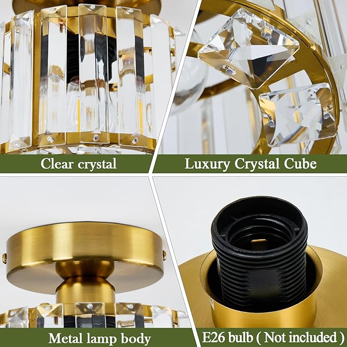 2 Pack Small Crystal Semi Flush Mount Ceiling Light Fixture Modern Gold Mini Round Chandelier Metal E26 Ceiling Lamp for Hallway Bathroom Entryway Kitchen Closet