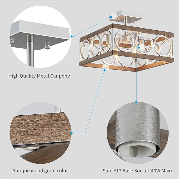 XINGQI Square Ceiling Lights 13'' Farmhouse Semi Flush Mount Ceiling Light Fixture Rustic Chandelier for Living Dining Room Bedroom, Antique Wood Grain & Brushed Nickel Finish, 4 E12 Bulbs