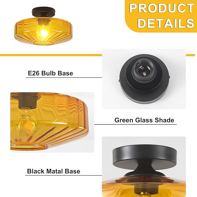 Semi Flush Mount Ceiling Light, 11.8" Mid Century Modern Close to Ceiling Light Fixtures with Amber Glass Shade, 1-Light Vintage Drum Lights for Bedroom Kitchen Entryway Hallway Porch Foyer