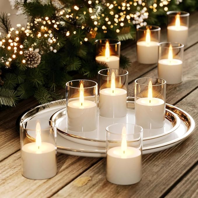 VIODAIM 12Pack Flickering Flameless LED Candles with Timer, Battery Powered - Small Pillar & Votive, Clear (2"X3")