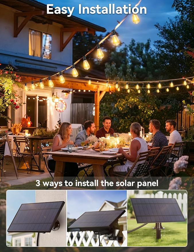 Brightever 75FT Solar String Lights Outdoor Waterproof with Remote, 34+1 Shatterproof ST38 LED Bulbs, 3 Lighting Modes & Warm White, Dimmable Outdoor Solar Lights for Backyard, Bistro, Deck