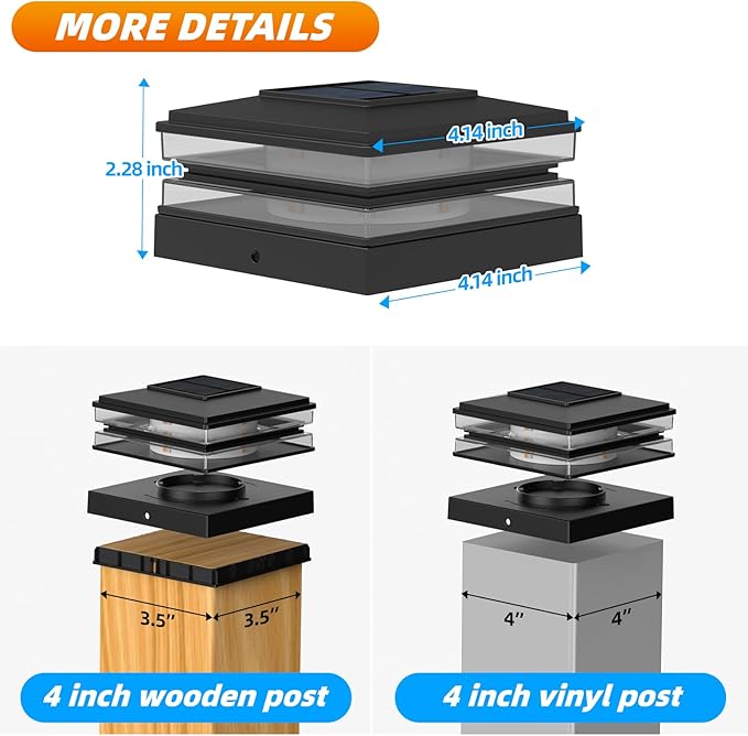 EXCMARK 2 Pack 4x4 Solar Post Cap Lights Outdoor Waterproof Fence Deck Post Lights with High-Brightness LEDs, Dual Light Modes Warm White & Cool White.