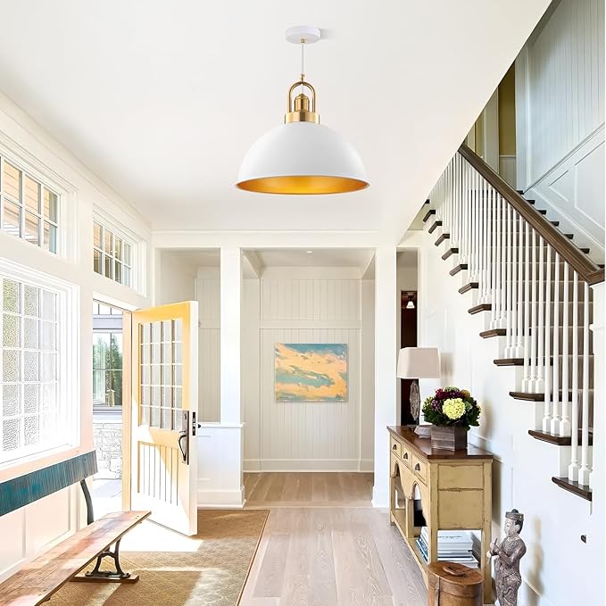 Modern Large Pendant Light 13.8 inch, White Dome Metal Shade with Brass Accent, Minimalist Chandelier for Kitchen Island, Dining Room