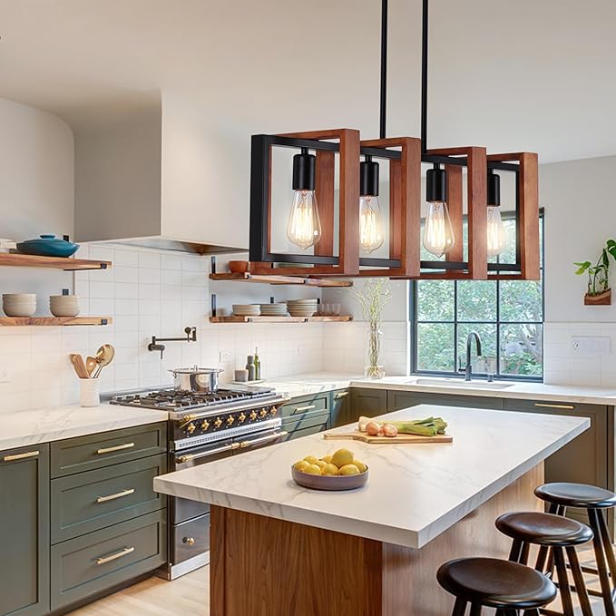 32" Farmhouse Kitchen Island Lighting Adjustable Dining Room Light Fixtures, 4-Light Rustic Wood and Black Metal Rectangular Chandelier Modern Pendant Lighting for Kitchen Island, Cafe