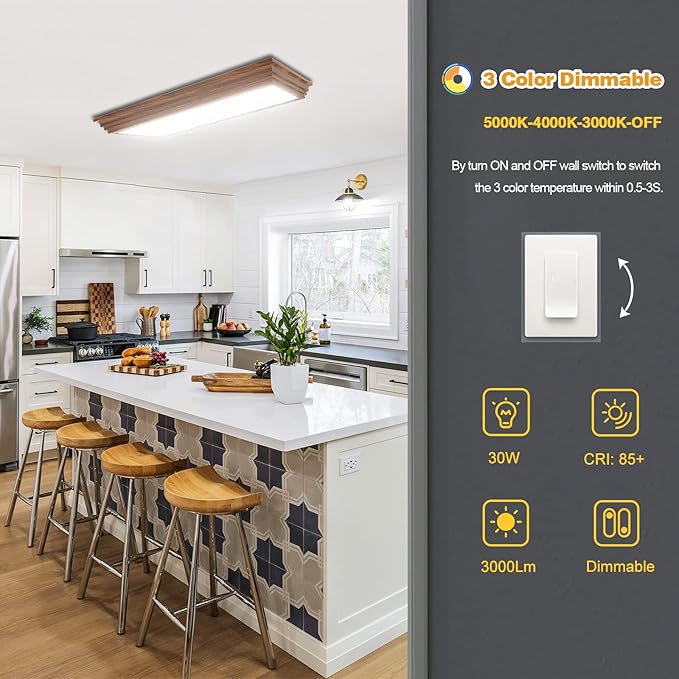 FAITHSAIL 2FT LED Light Fixture with 3000K/4000K/5000K CCT Selectable Dimmable 2 Foot LED Linear with Wooden Look 30W 3300LM Flush Mount Ceiling Wraparound for Kitchen, Bedroom, Laundry
