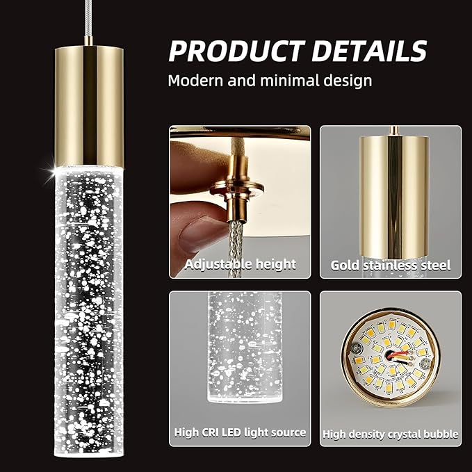 OKELI Modern Pendant Light, LED Bubble Crystal Kitchen Island Lights Fixtures,Mini Single Island Lights Pendant Lighting for Kitchen Island,Bar,6W,6000K,Gold
