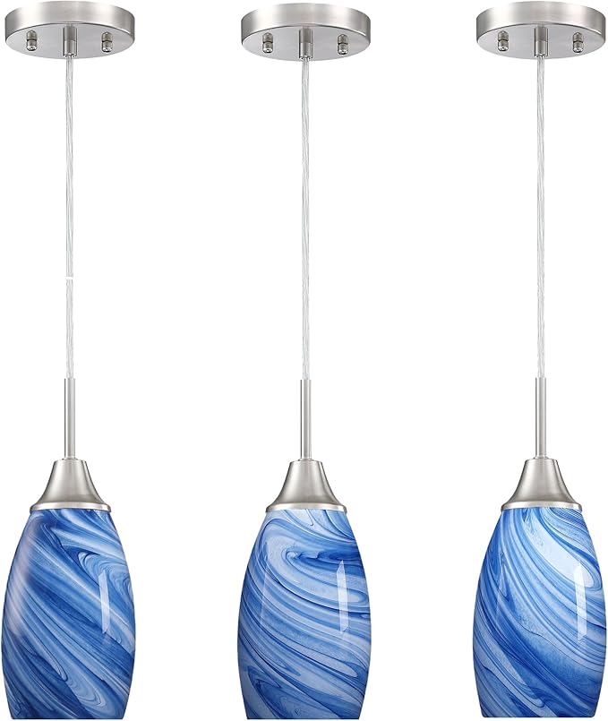 Viinew Glass Pendant Light with Handblown Dark Blue Marble Art Glass Shade Ceiling Light 3-Pack Mini Hanging Pendant Light for Kitchen Island,Dining Room,Living,Foyer,Hallway