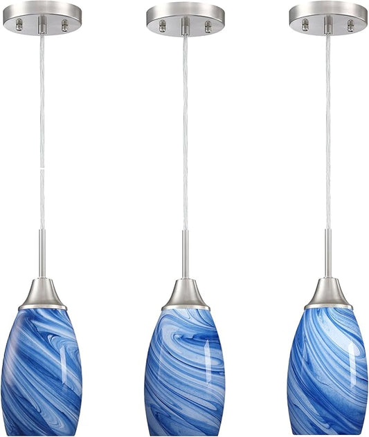 Viinew Glass Pendant Light with Handblown Dark Blue Marble Art Glass Shade Ceiling Light 3-Pack Mini Hanging Pendant Light for Kitchen Island,Dining Room,Living,Foyer,Hallway
