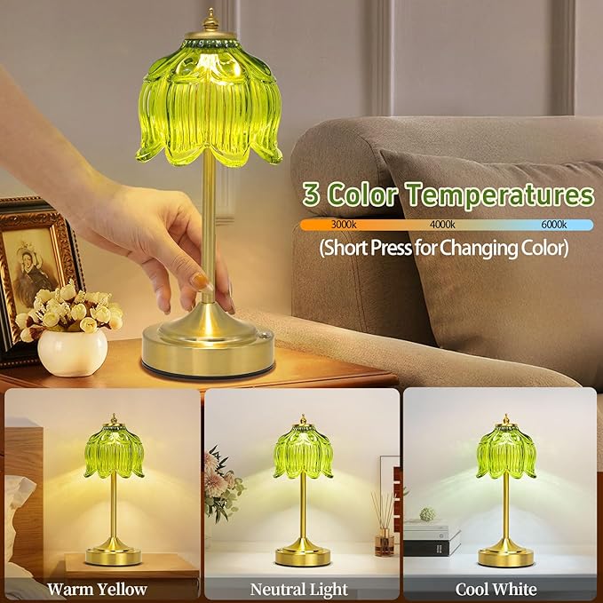 Cordless Lotus Flower Table Lamp, 5200mAh Rechargeable Battery Operated Portable Lamp, 3-Color Dimmable Touch Control Small Desk Lamp for Bedroom, Office, Kitchen, Nightstand,Room Decor(Green)