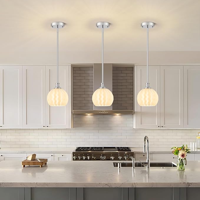 Brushed Nickel Pendant Lights Kitchen Island, 7.3" 1-Light Modern Farmhouse Milk Glass Globe Light Fixtures with Adjustable Rods, Hanging Ceiling Lighting for Sink, Hallway (E26 Base)