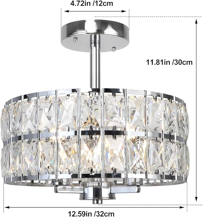 3-Ligth Round Crystal Ceiling Light, Modern Hallway Light Fixtures, 12.6" Chrome Semi Flush Mount Kitchen Chandelier with Cylinder Drum Shade for Closet Dining Room Bedroom