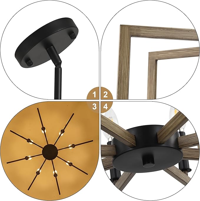 Klgxnrd 8-Light Modern Farmhouse Chandelier, Vintage Geometric Dining Room Lighting Hanging, Industrial Chandelier for Kitchen Island Entryway Foyer Stairway, Retro Wood Texture and Black Finish
