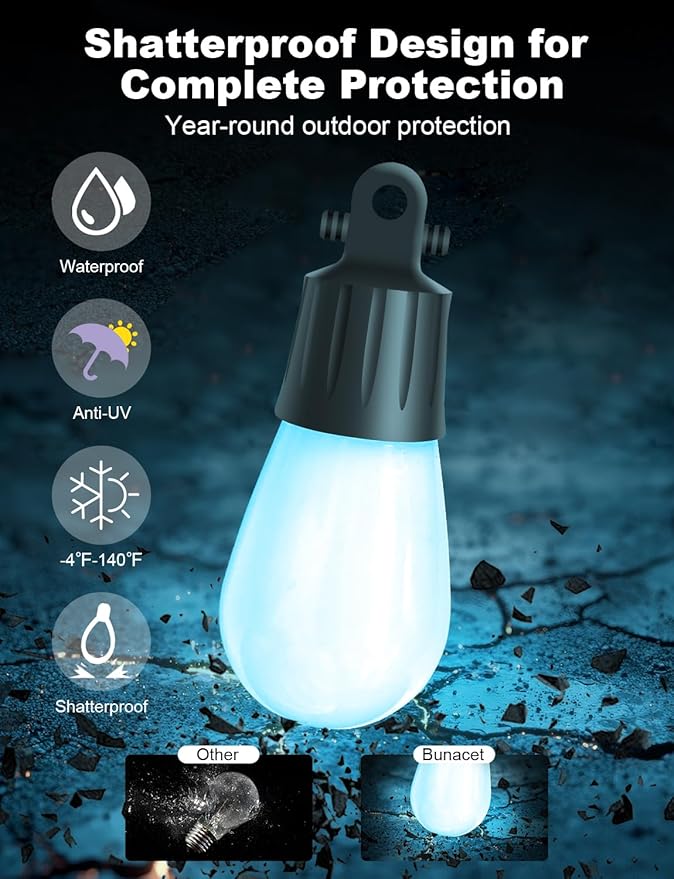 Outdoor String Lights APP Control with Remote, 118(98+12) ft RGB+IC+Warm White Outdoor Light 36 LED Bulbs, NOT Extendable, Music Sync for Garden Party Decor Christmas