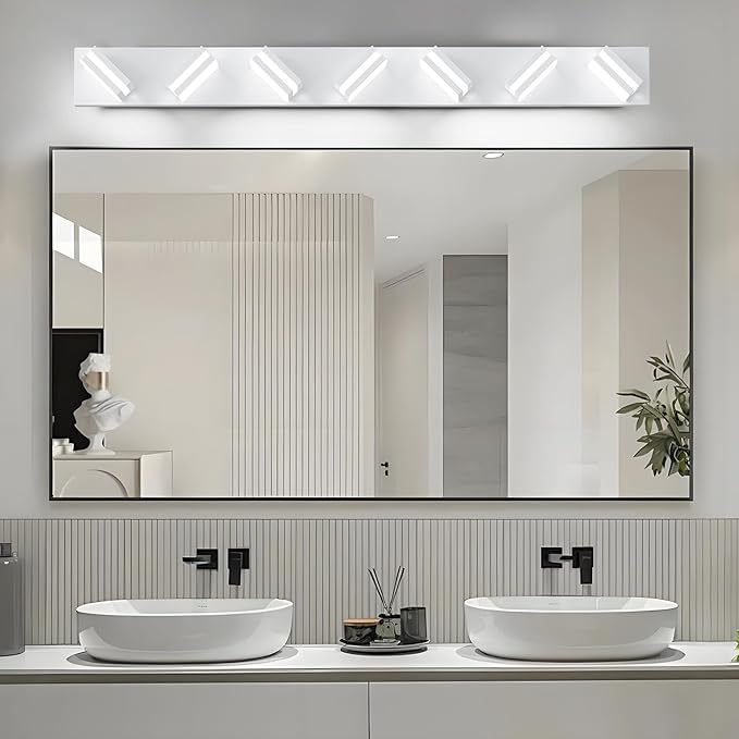 IZORRO LED Modern Bathroom Lights Fixtures(7-Light,Dimmable,360°Rotate),Matte White Acrylic Wall Lighting,Vanity Lights for Bathroom Over Mirror - 6000k 40In （No Assembly Required）