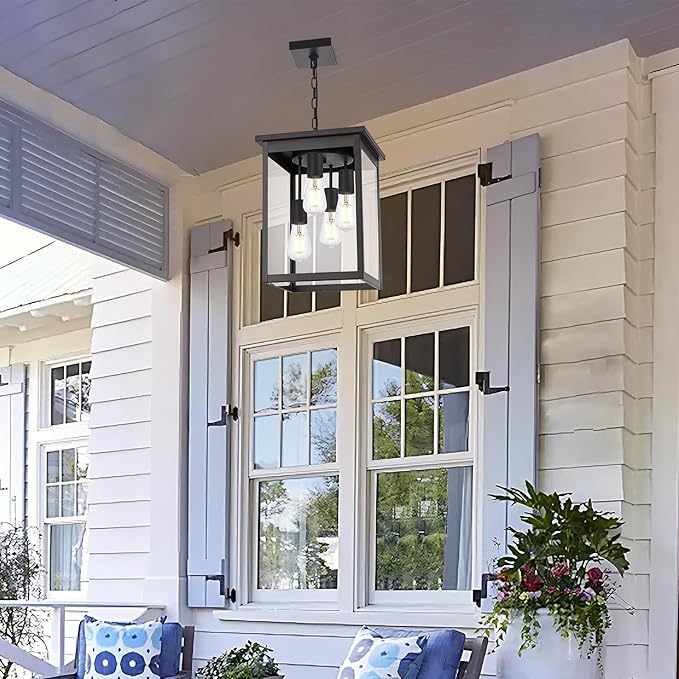 Yaohong 4-Lights Outdoor Pendant Light Fixture with Clear Glass, Oil Rubbed Bronze Farmhouse Exterior Ceiling Hanging Light Fixture with Adjustable Chain, Outdoor Hanging Lantern for Porch Entrance